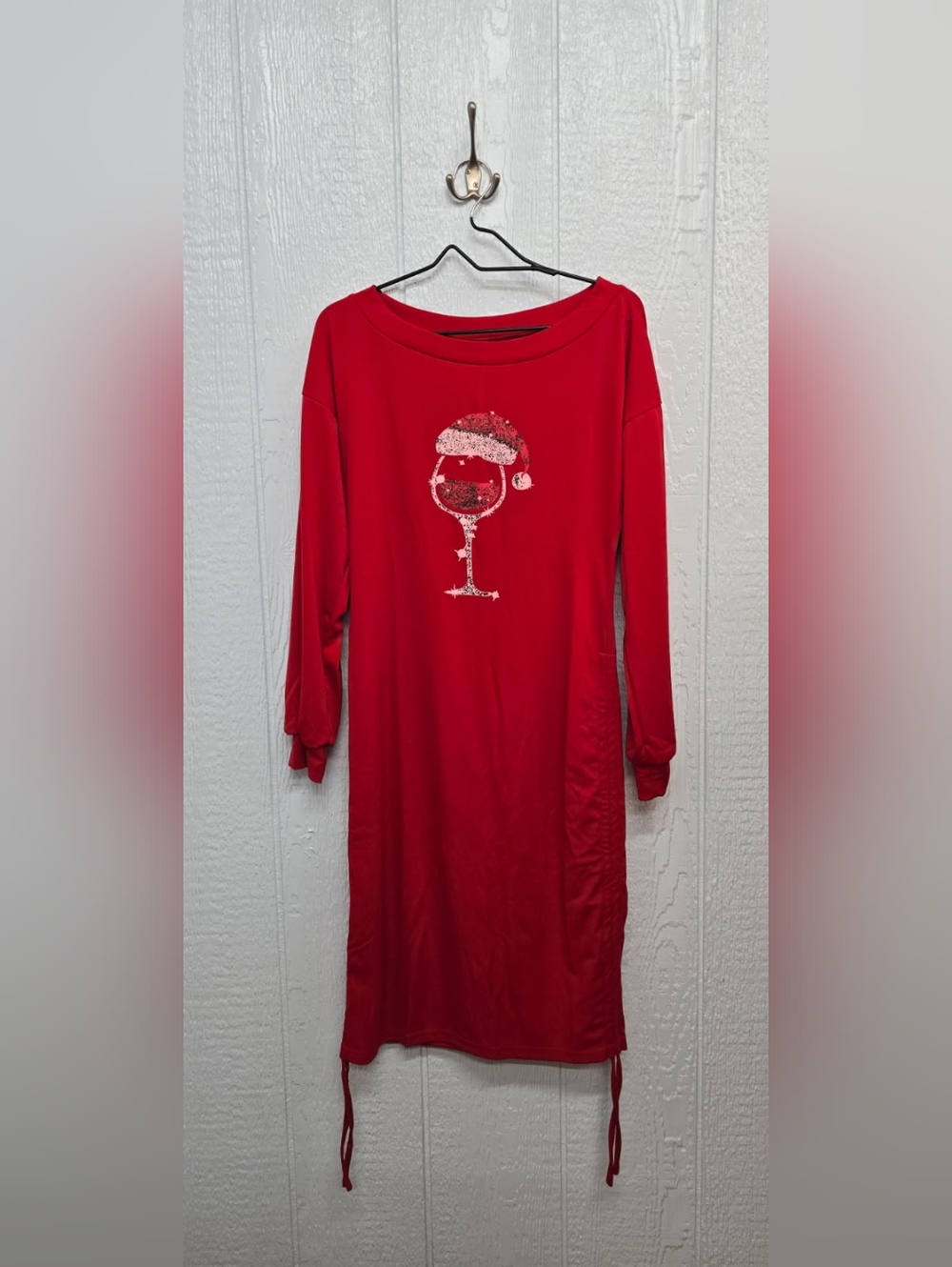 New Large Red Holiday Nightshirt with Sparkle Wine Glass